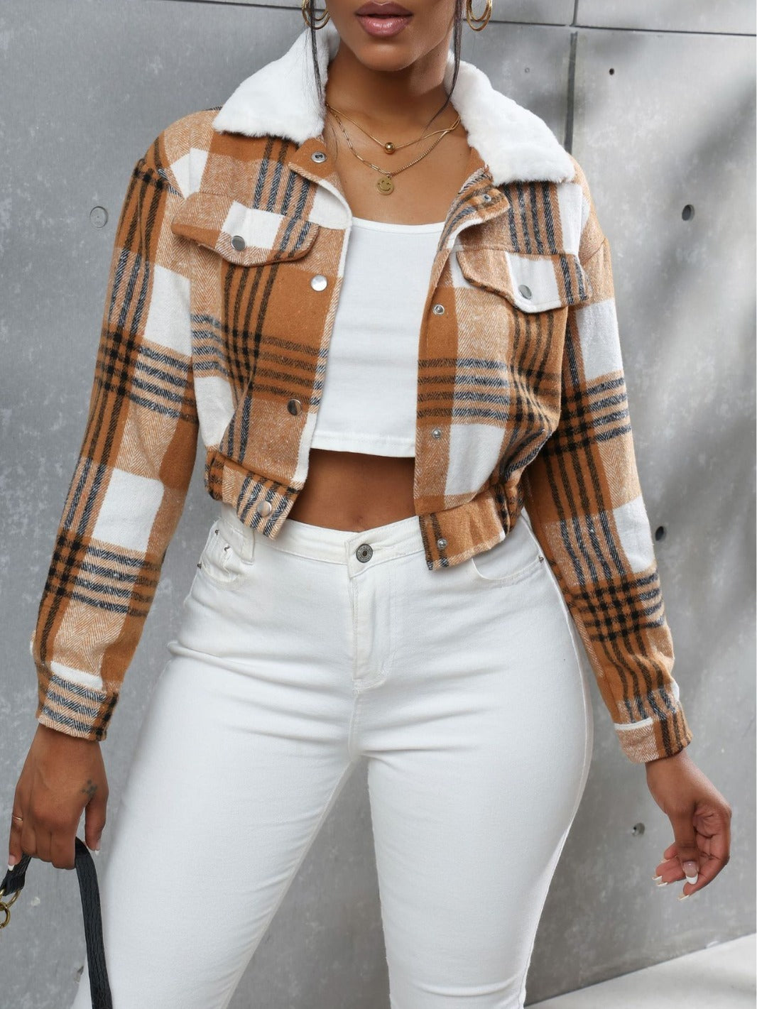 Fashion All-match Plaid Long Sleeve Short Top