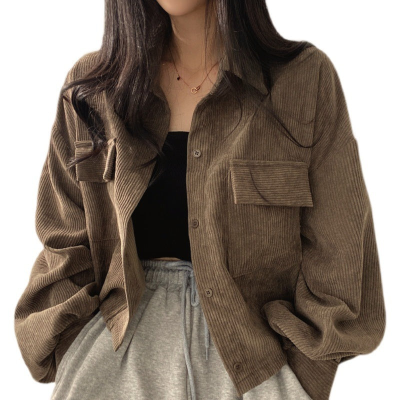 French Style Retro Easy Matching Corduroy Shirt Long Sleeve Coat For Women
