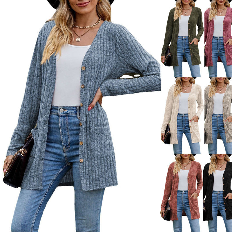 Women's Brushed Sunken Stripe Solid Color Long Sleeve Women's Overcoat