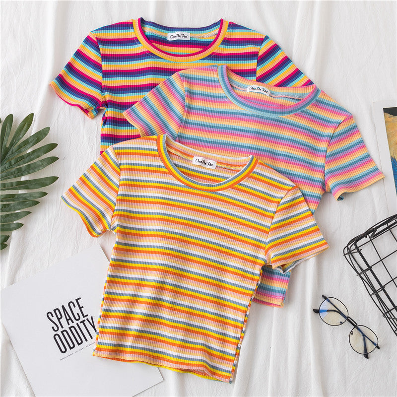 Women Short Sleeve Rainbow Stripe Crop T-shirt