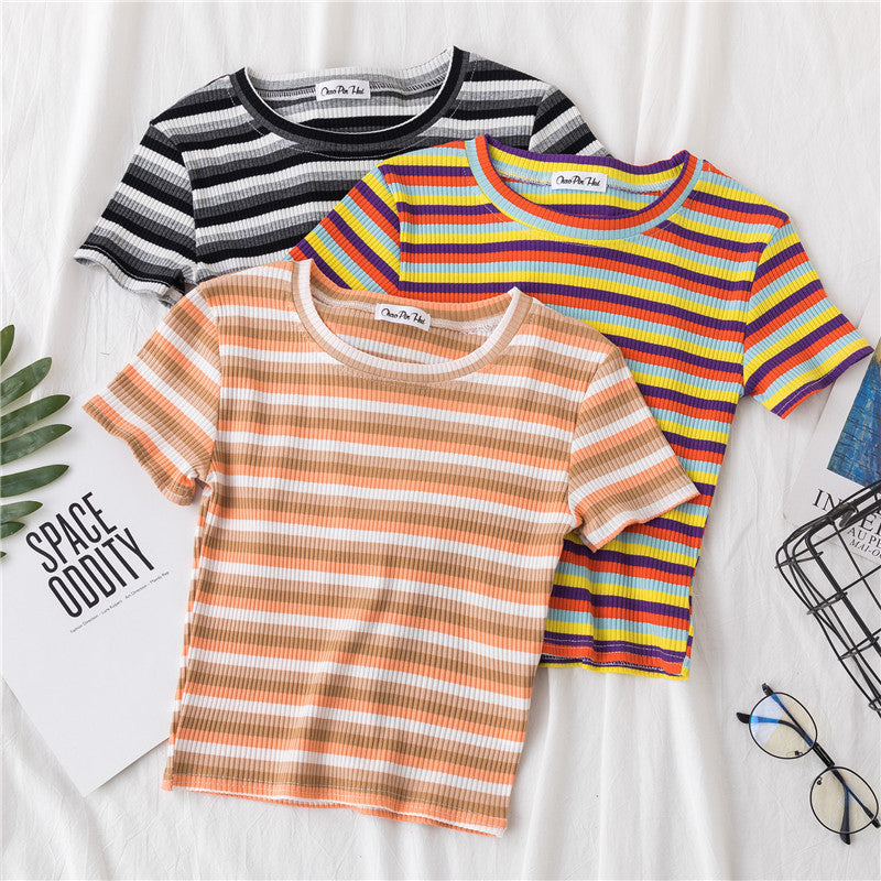 Women Short Sleeve Rainbow Stripe Crop T-shirt