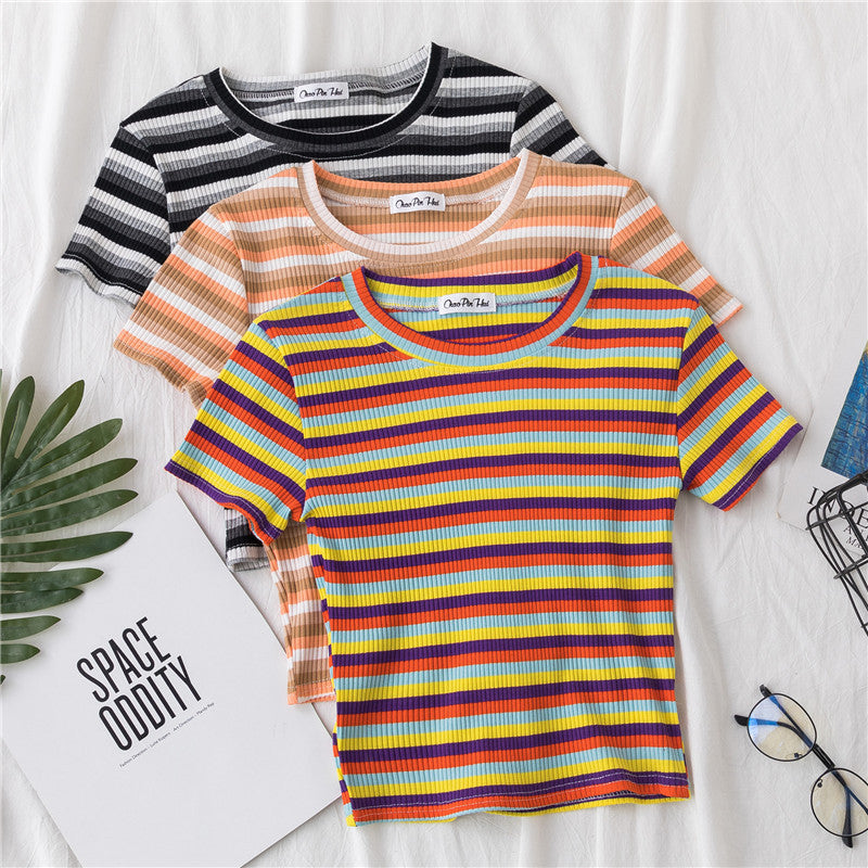 Women Short Sleeve Rainbow Stripe Crop T-shirt