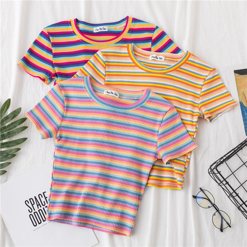 Women Short Sleeve Rainbow Stripe Crop T-shirt