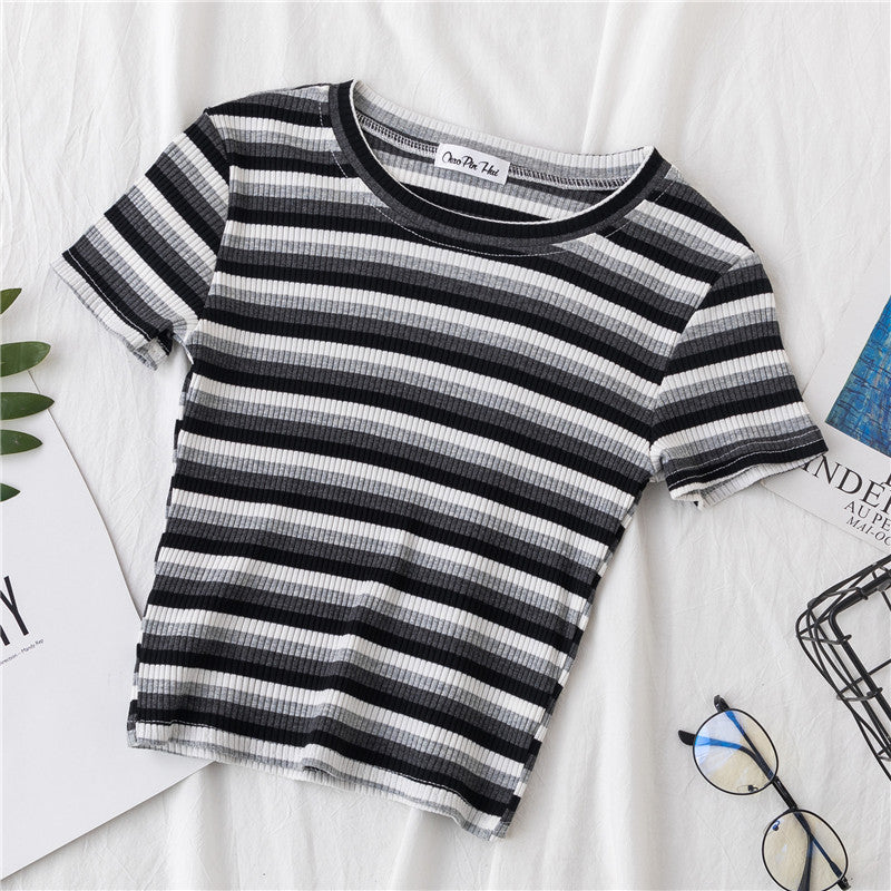 Women Short Sleeve Rainbow Stripe Crop T-shirt