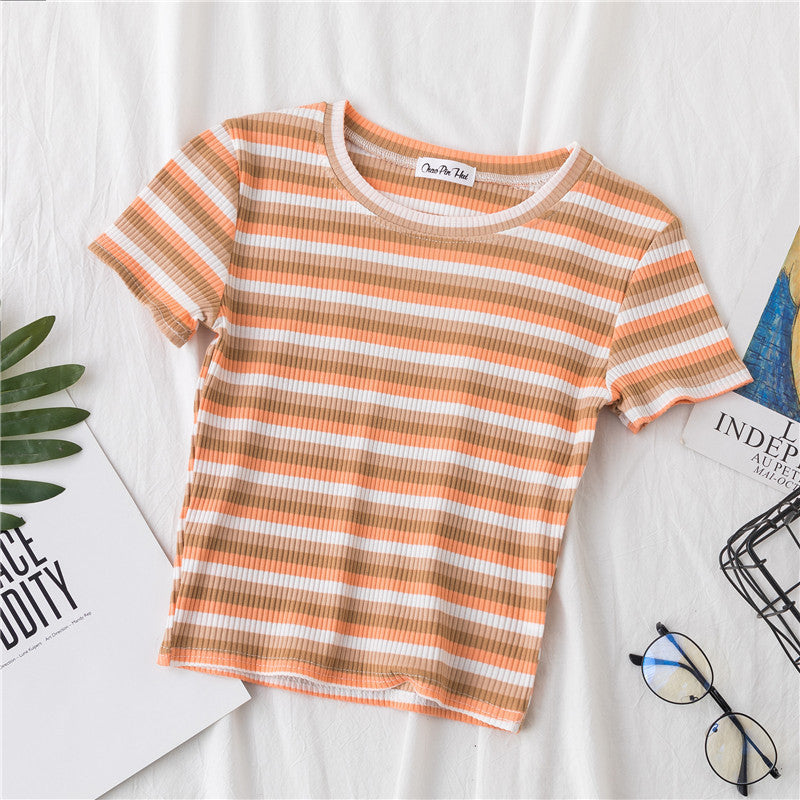 Women Short Sleeve Rainbow Stripe Crop T-shirt