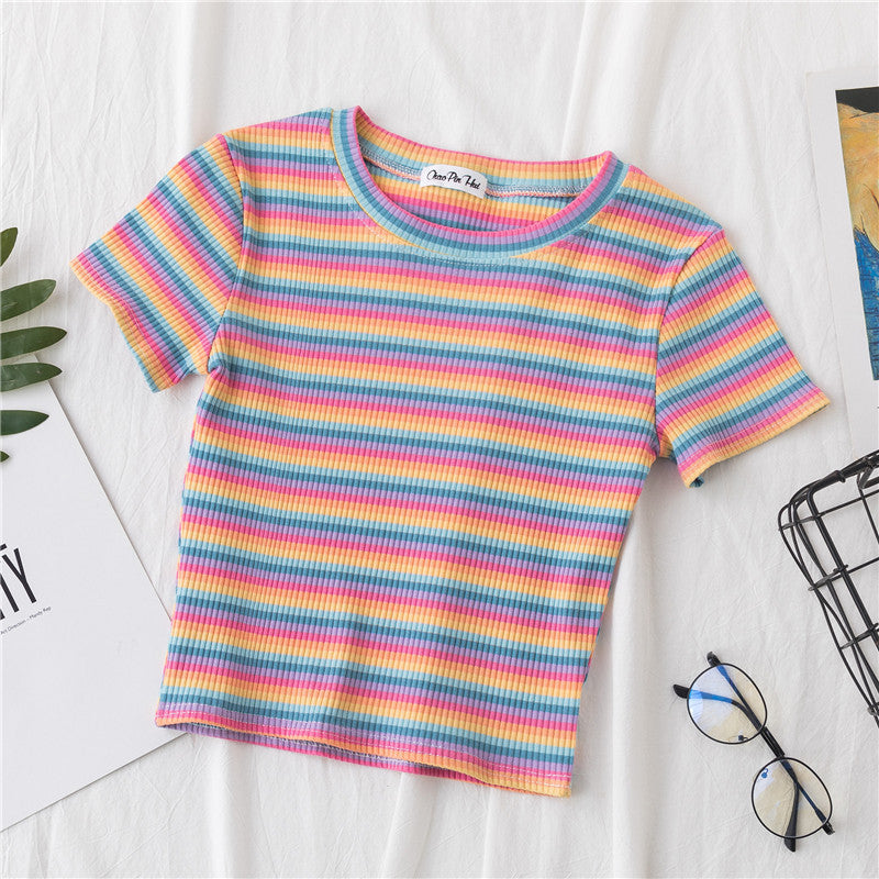 Women Short Sleeve Rainbow Stripe Crop T-shirt