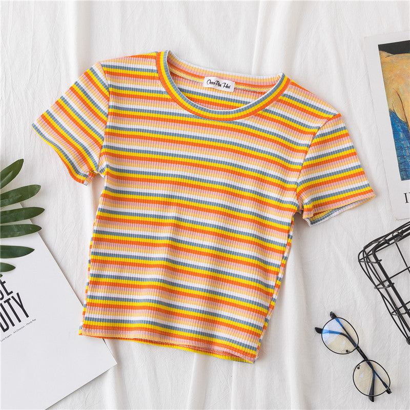 Women Short Sleeve Rainbow Stripe Crop T-shirt