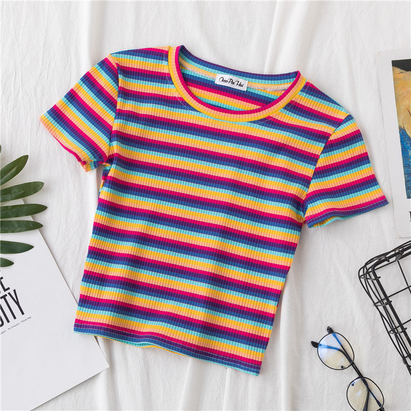 Women Short Sleeve Rainbow Stripe Crop T-shirt
