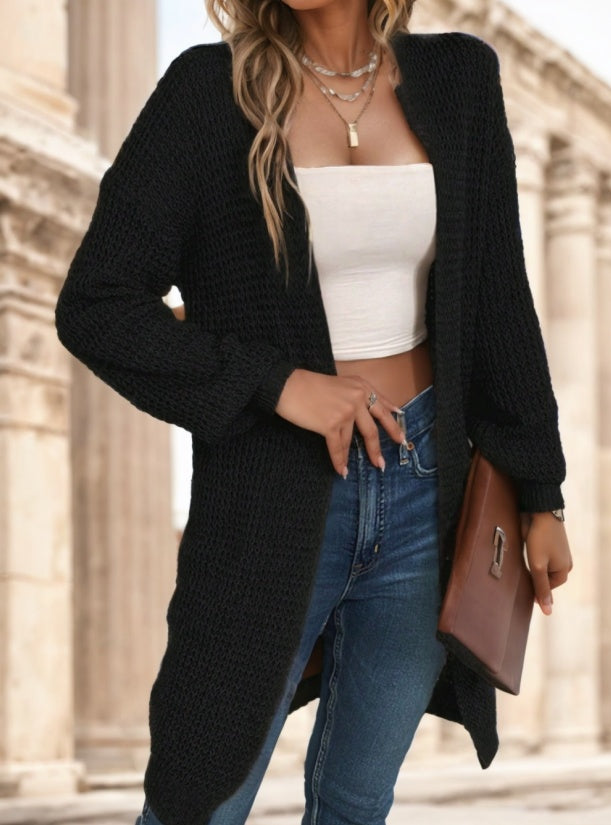 Solid Drop Shoulder Cardigan Long Sleeve Tops