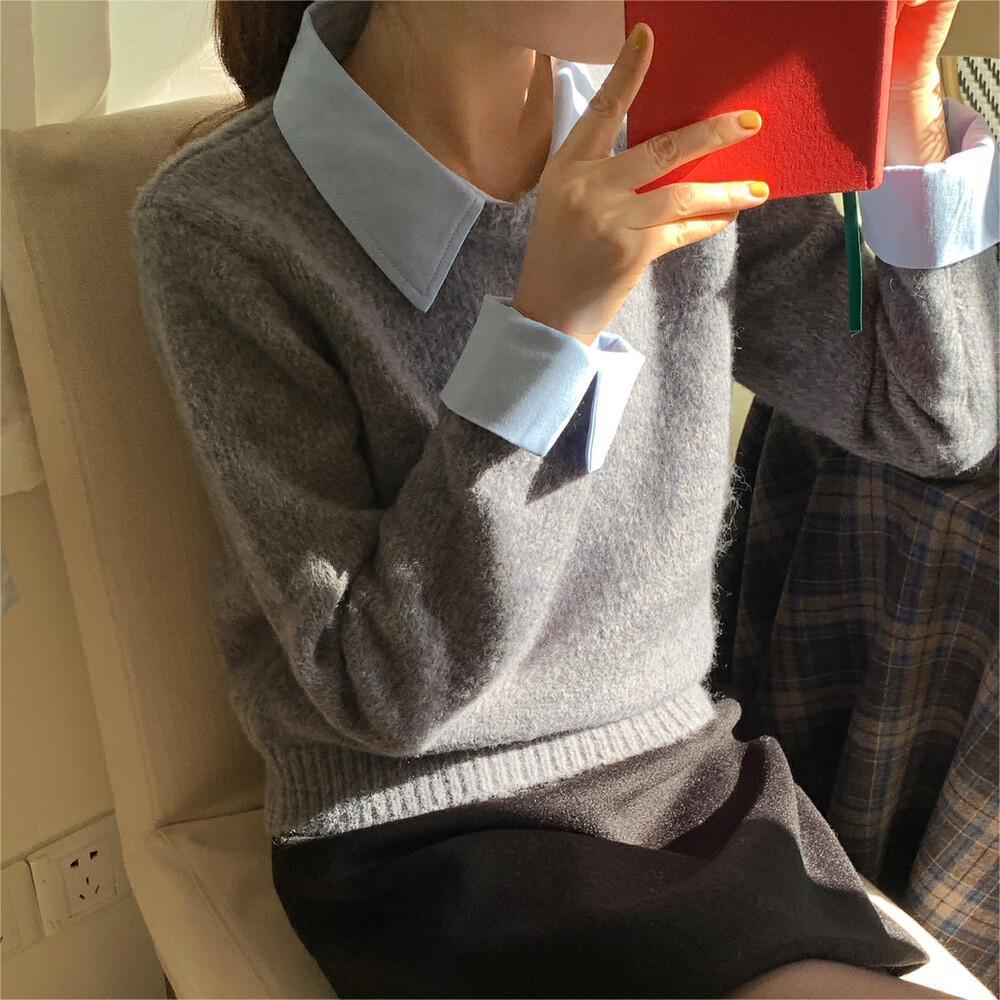 Idle Style Contrast Color Lapels Knitwear Top For Women