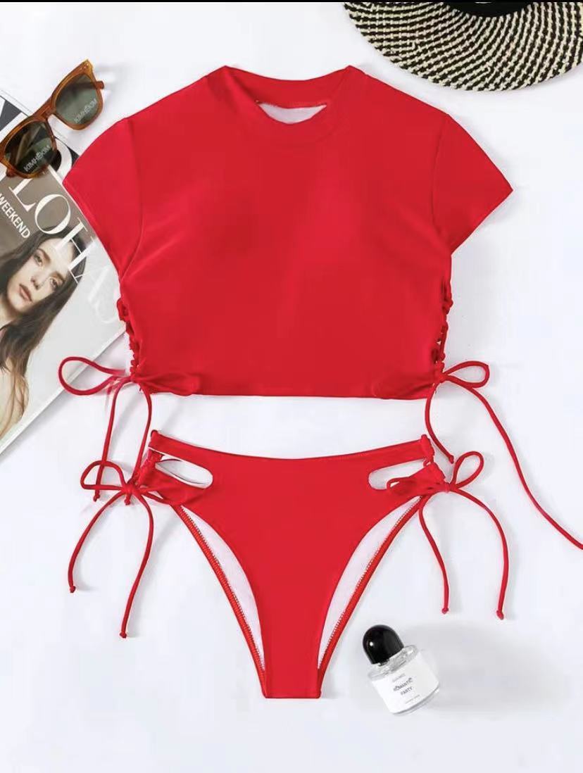 Women's Fashion Two-piece Solid Color Short Sleeve Swimsuit