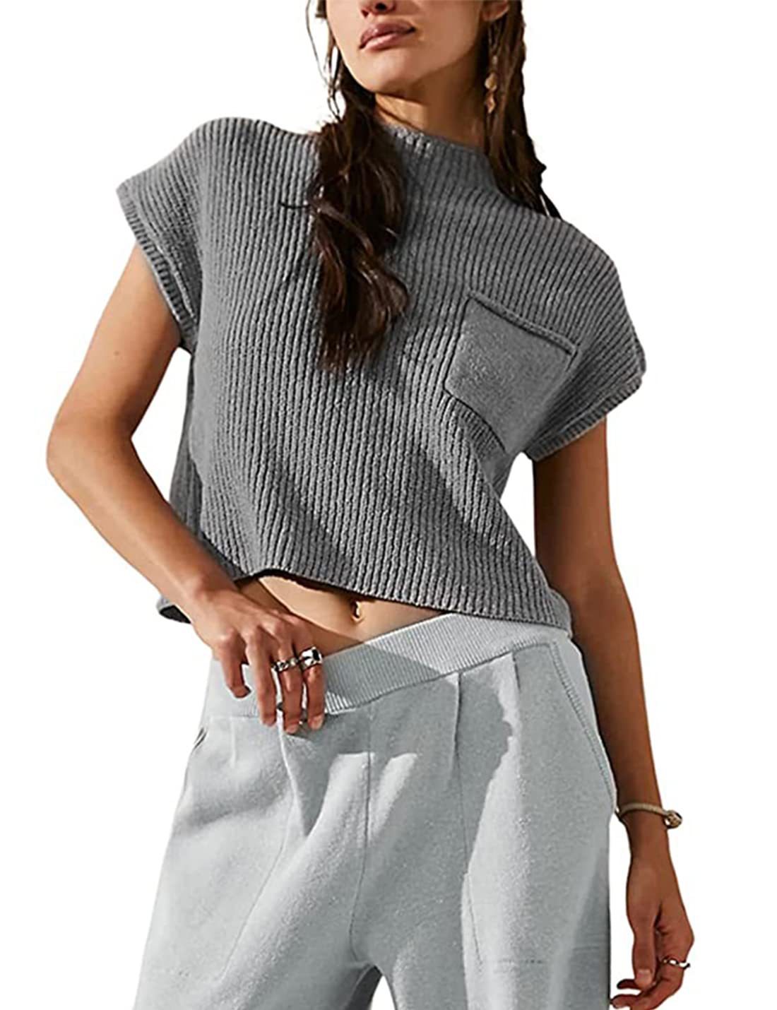 Women's Knitted Sleeveless Pocket Casual Rib Pullover