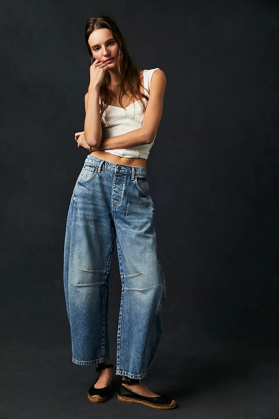 Women Casual Baggy Mid Waist Denim Jeans
