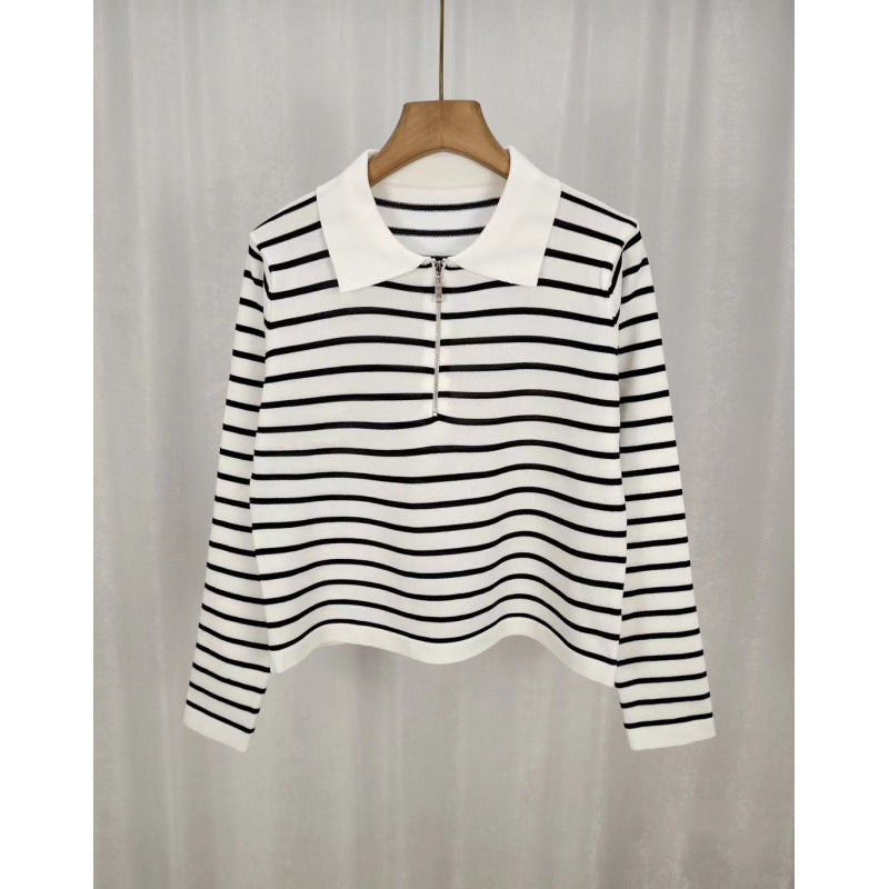 Spring Knitted Loose Contrast Color Striped Collar Long-sleeved Sweater For Women