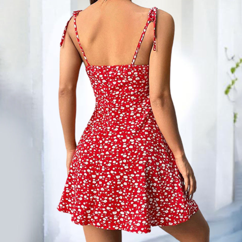 Womens Floral Mini Dress Spaghetti Strap Sleeveless Tie Shoulder Ruffle Dresses