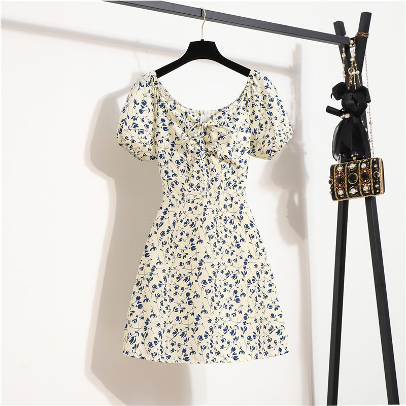 Summer Puff Sleeve Waist Slimming Small Elegant Floral Dress Women