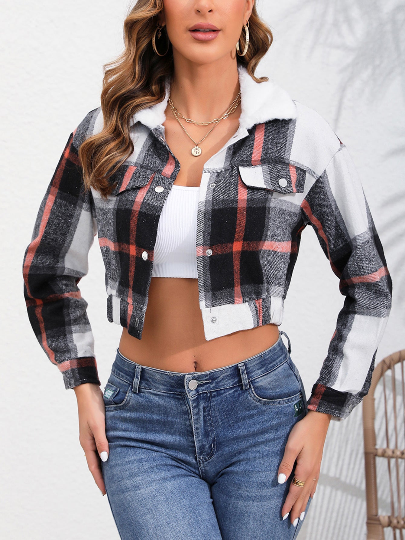 Fashion All-match Plaid Long Sleeve Short Top
