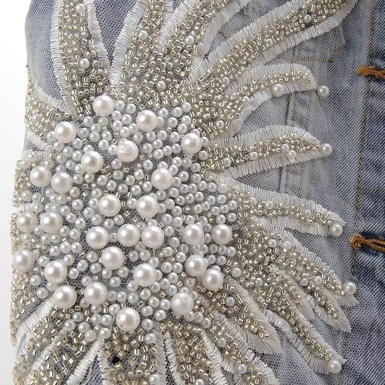 Women's Lace Studded Beaded Denim Jacket