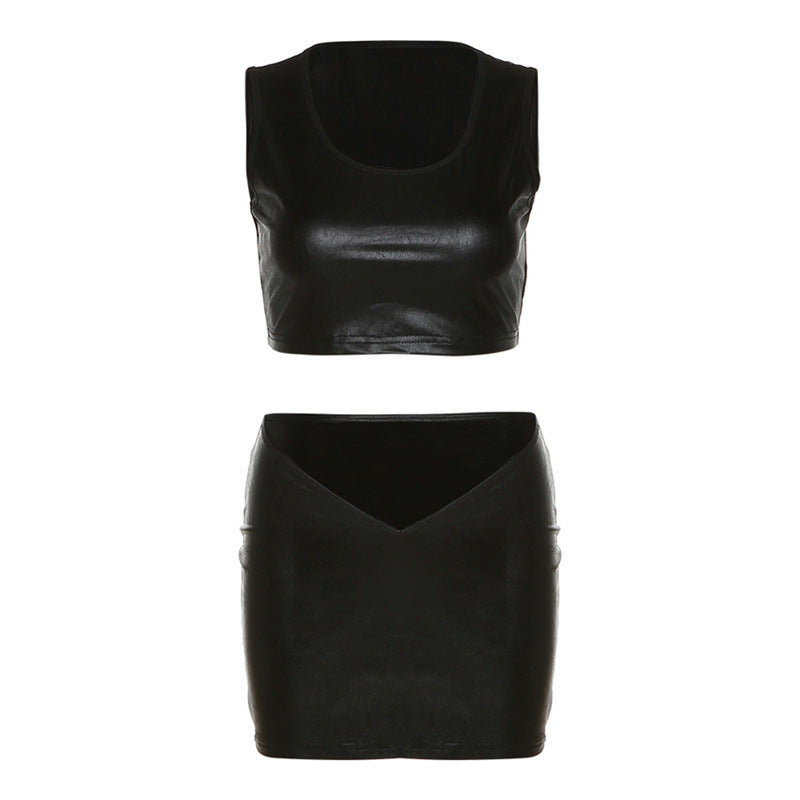 Women's Leather Sleeveless Vest High Waist Tight Skirt Suit