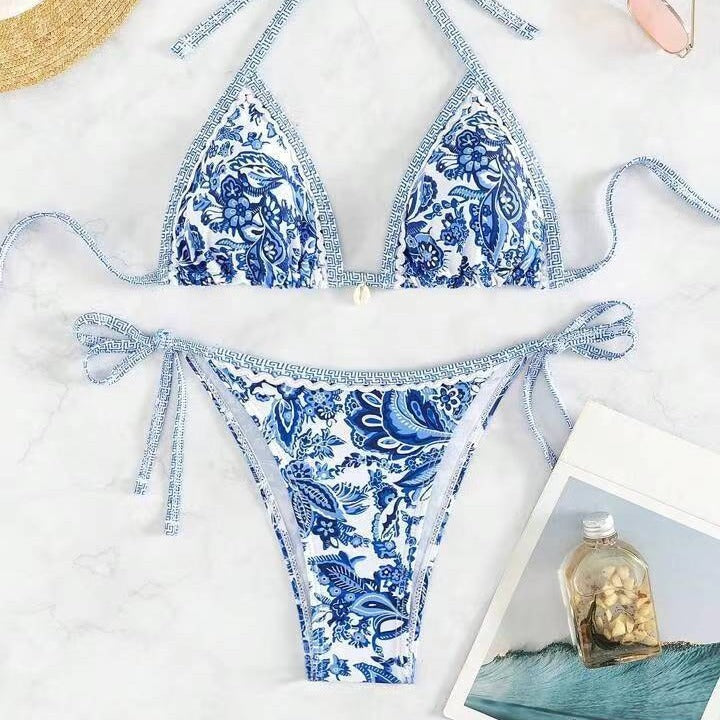 Blue And White Porcelain Printed Bikini Swimsuit Suit