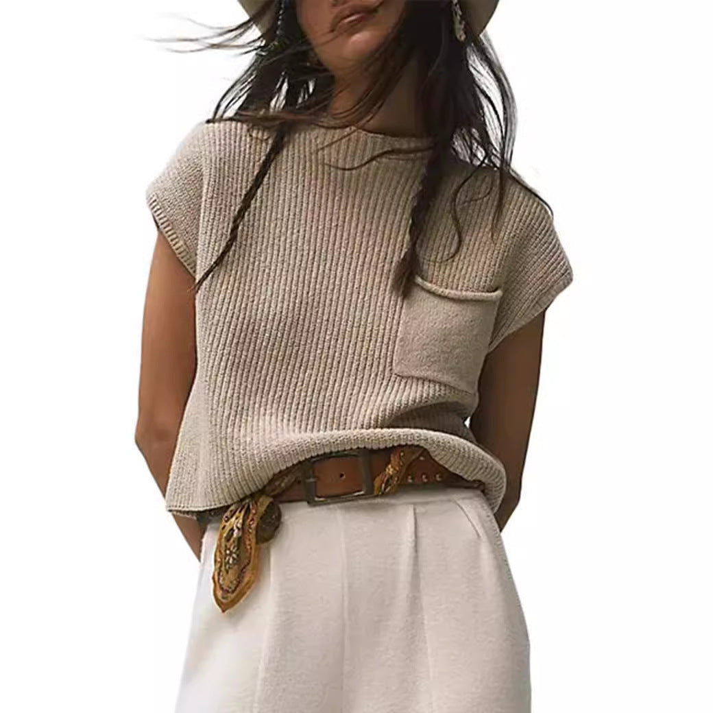 Women's Knitted Sleeveless Pocket Casual Rib Pullover