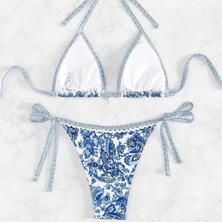 Blue And White Porcelain Printed Bikini Swimsuit Suit