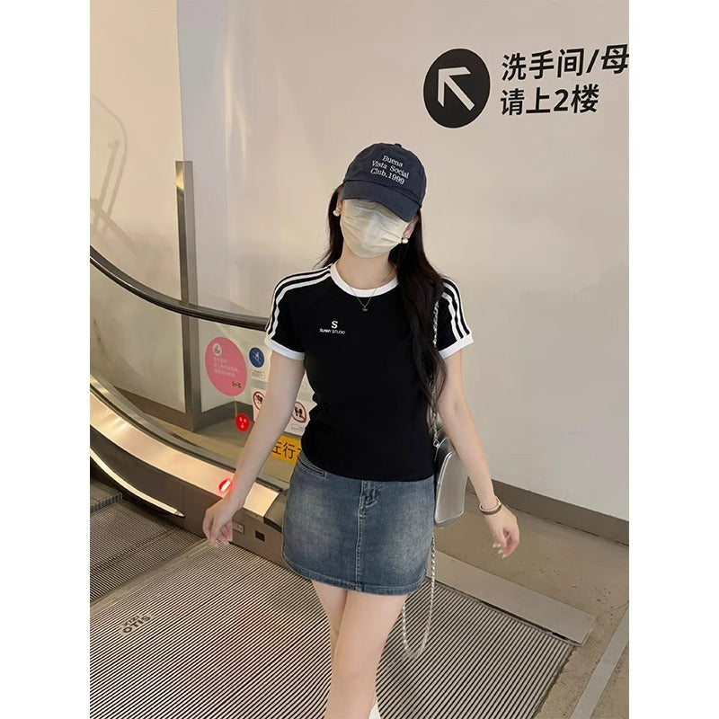 Hot Girl Embroidered Crew Neck Short Sleeve T-shirt Top