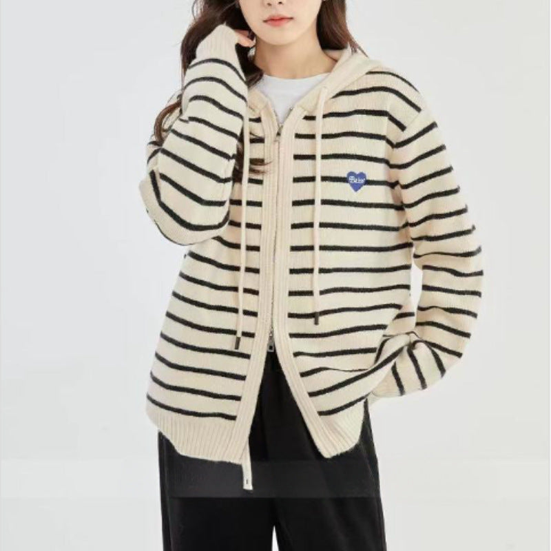Loose Sports And Leisure Gray Hooded Knit Cardigan For Women