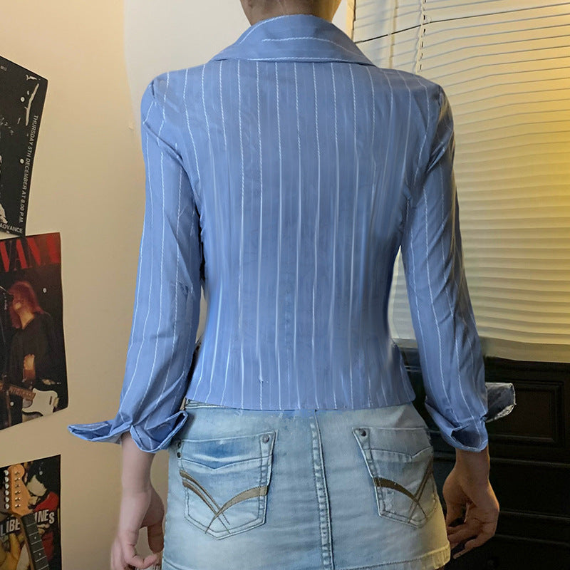 Striped Lapel Women's Slim Top