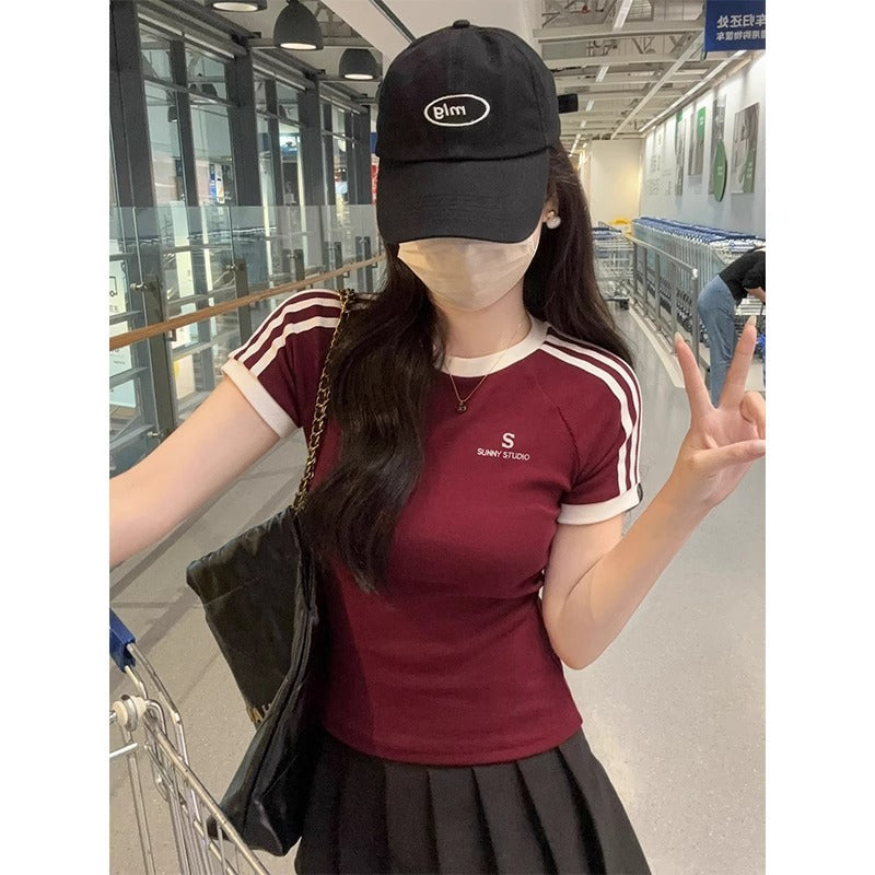 Hot Girl Embroidered Crew Neck Short Sleeve T-shirt Top