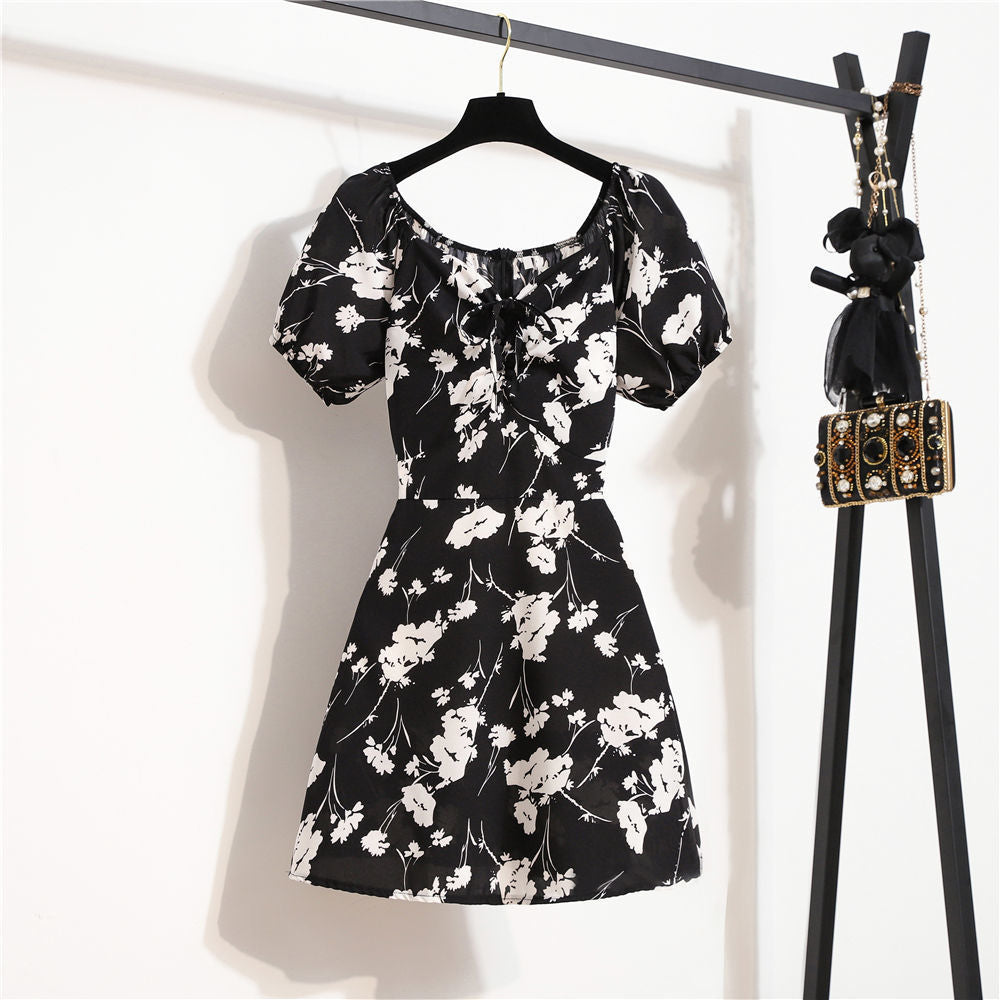 Summer Puff Sleeve Waist Slimming Small Elegant Floral Dress Women