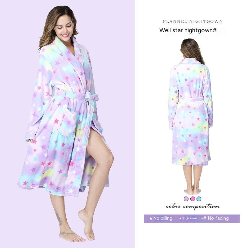 Flannel Couple Lapel Solid Print Nightgown