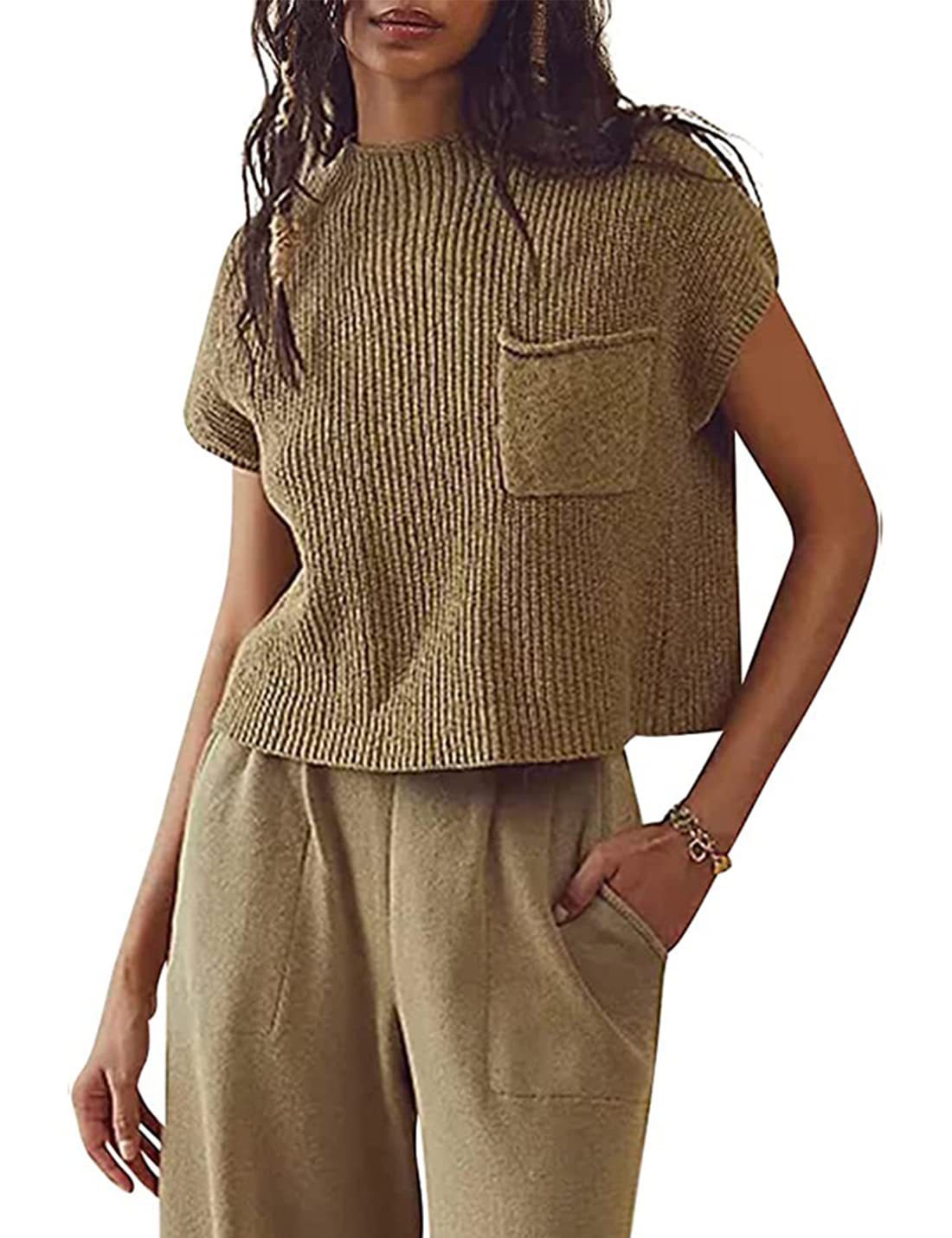 Women's Knitted Sleeveless Pocket Casual Rib Pullover