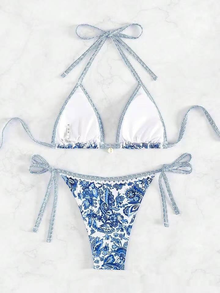 Blue And White Porcelain Printed Bikini Swimsuit Suit