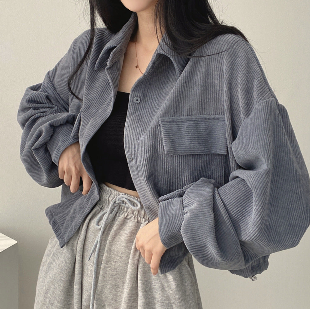 French Style Retro Easy Matching Corduroy Shirt Long Sleeve Coat For Women