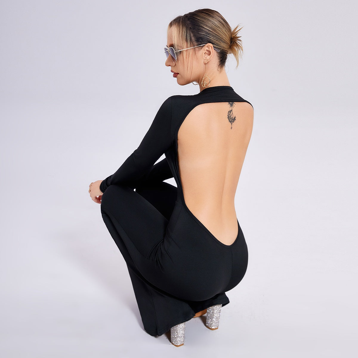 Long-sleeved Open-back Jumpsuit
