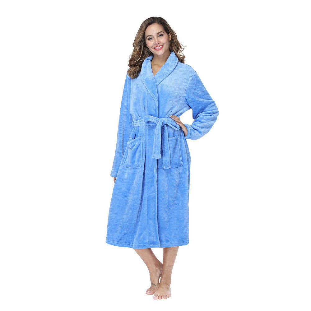 Flannel Couple Lapel Solid Print Nightgown