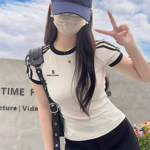Hot Girl Embroidered Crew Neck Short Sleeve T-shirt Top