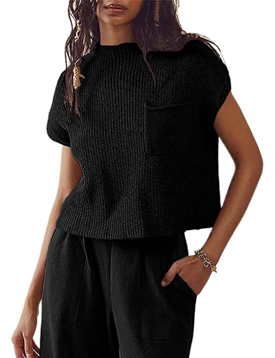 Women's Knitted Sleeveless Pocket Casual Rib Pullover