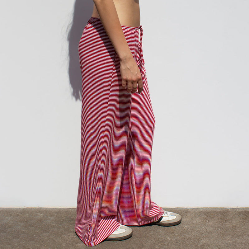 Women's Striped Print Y2K Fashion Casual Lace Up Home Straight Wide-leg Pants