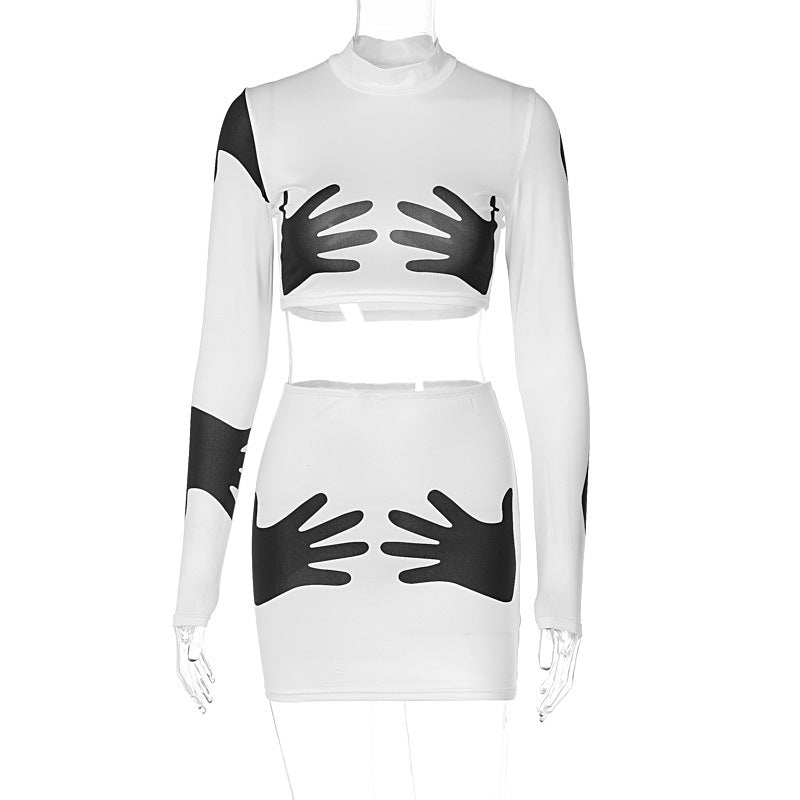 Fashion "Hand Print" Crop Long Sleeve Top Slim Short Style Skirt Suit