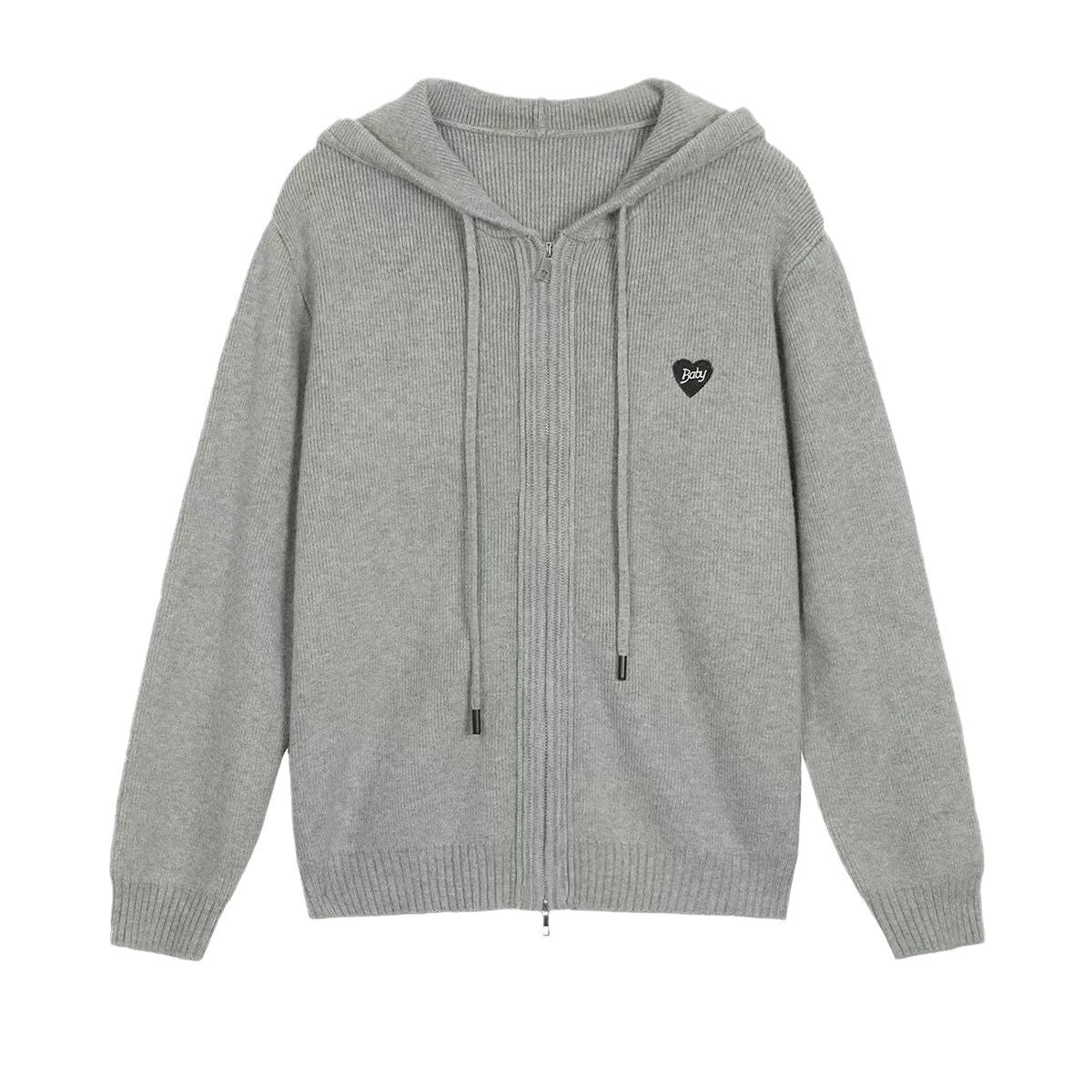 Loose Sports And Leisure Gray Hooded Knit Cardigan For Women