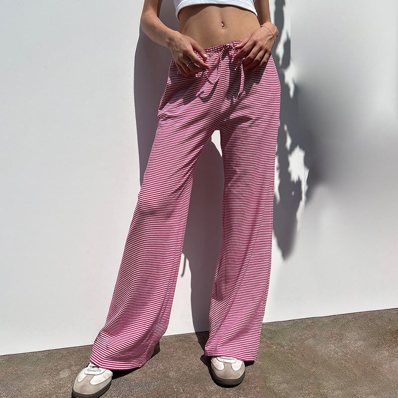 Women's Striped Print Y2K Fashion Casual Lace Up Home Straight Wide-leg Pants