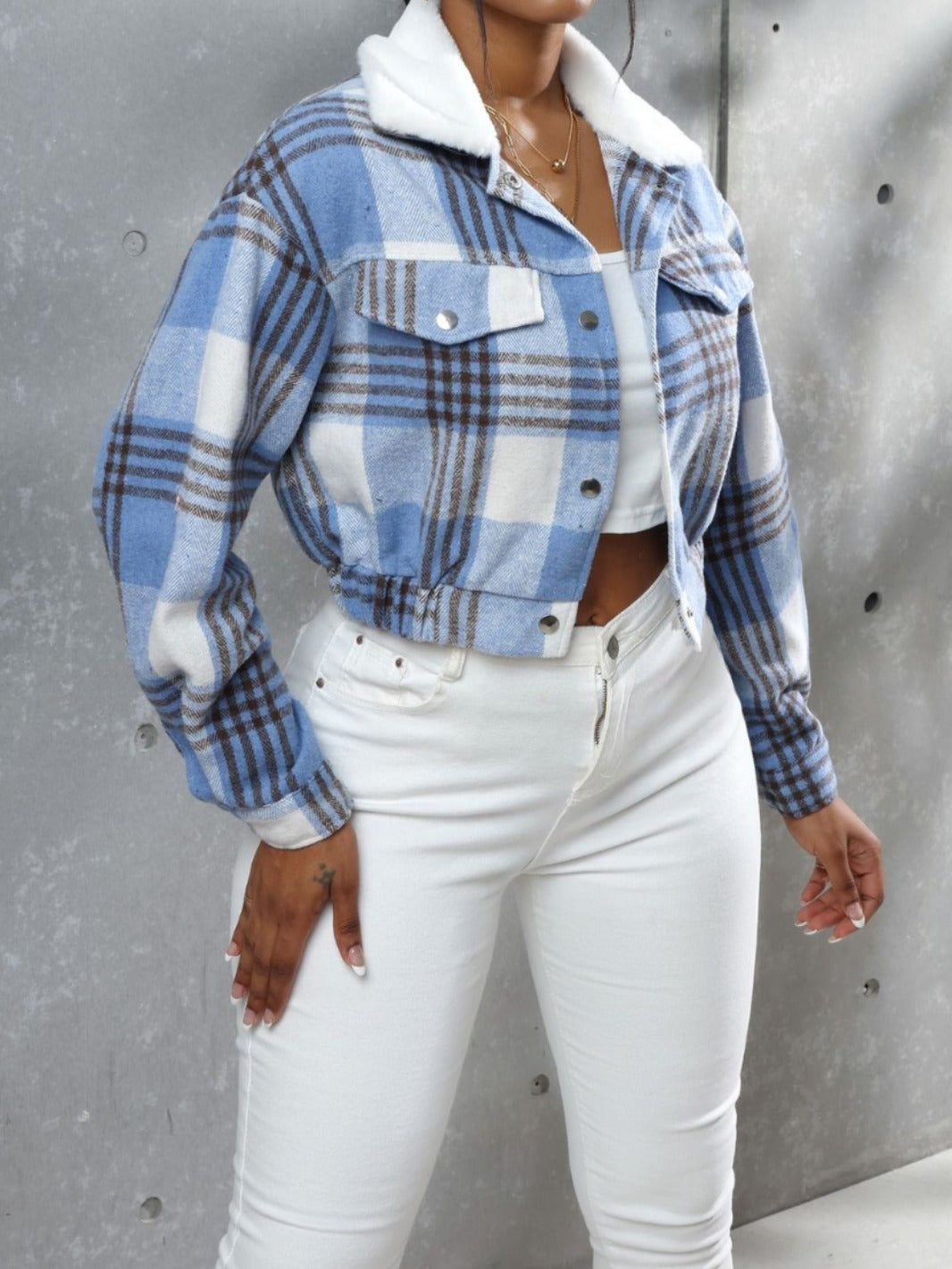Fashion All-match Plaid Long Sleeve Short Top