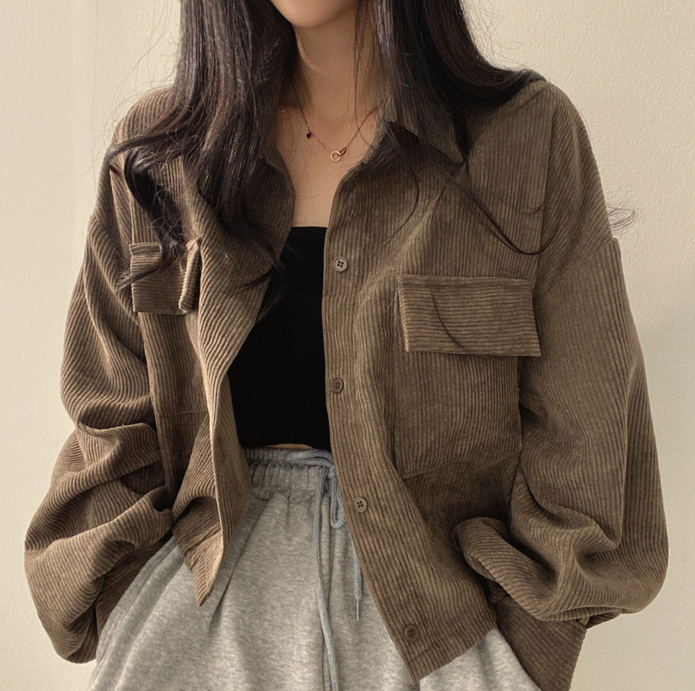 French Style Retro Easy Matching Corduroy Shirt Long Sleeve Coat For Women