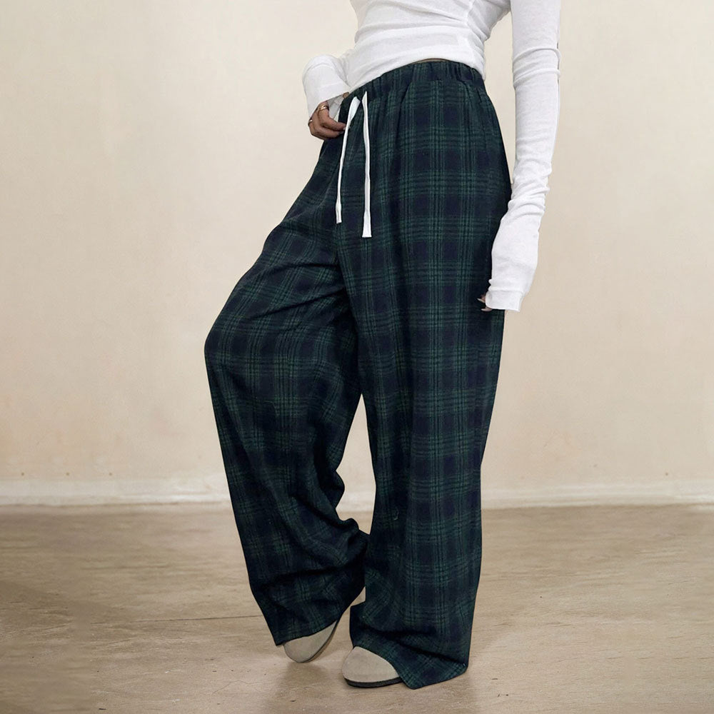 Women's Casual Plaid Trousers Elastic Waist Casual Pants