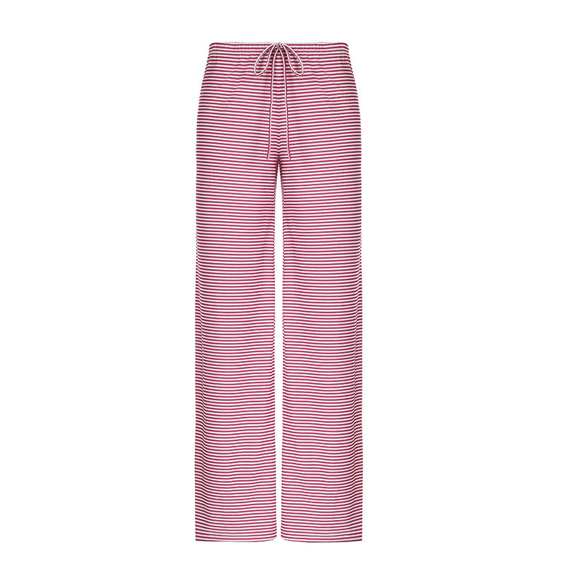 Women's Striped Print Y2K Fashion Casual Lace Up Home Straight Wide-leg Pants