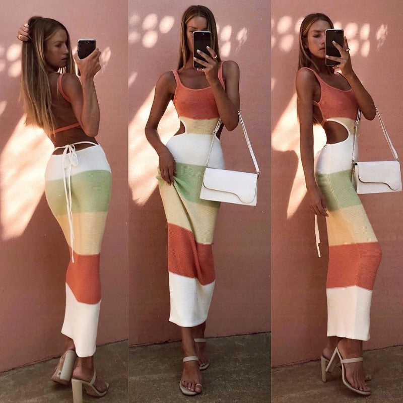 Women's Suspender Striped Colorblock Lace-up Knitted Dress
