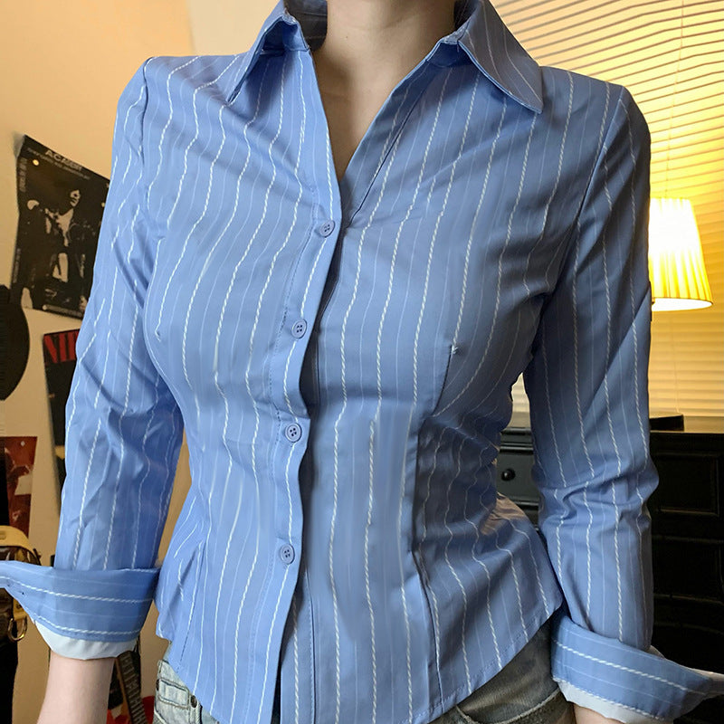 Striped Lapel Women's Slim Top
