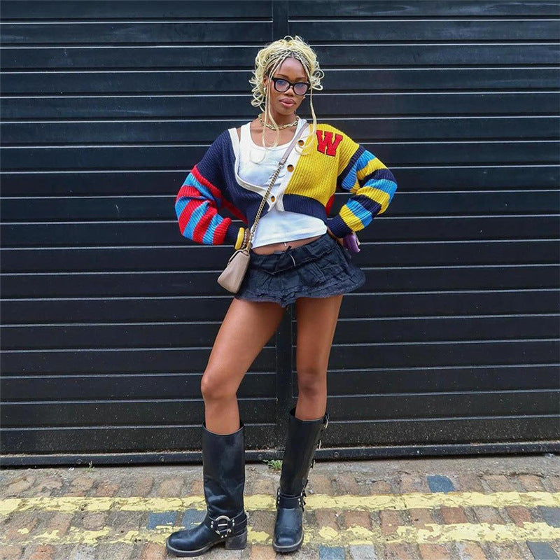 Women's Fashion Color Alphabet Knitting Button Coat